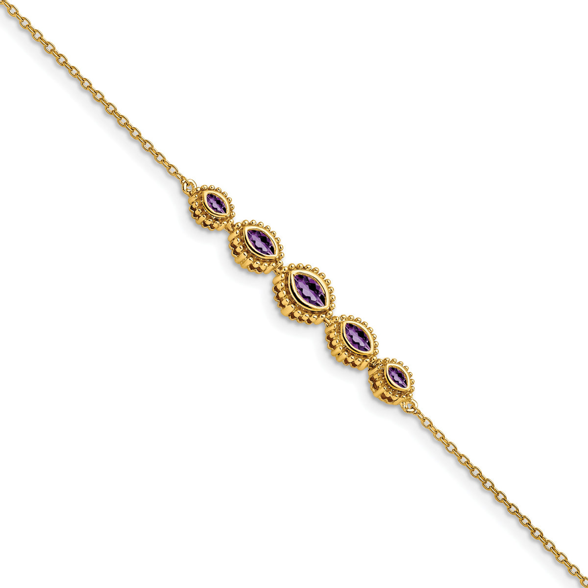 14k Complete 5-Stone Bezel-set Marquise Amethyst and Chain 7 inch Bracelet
