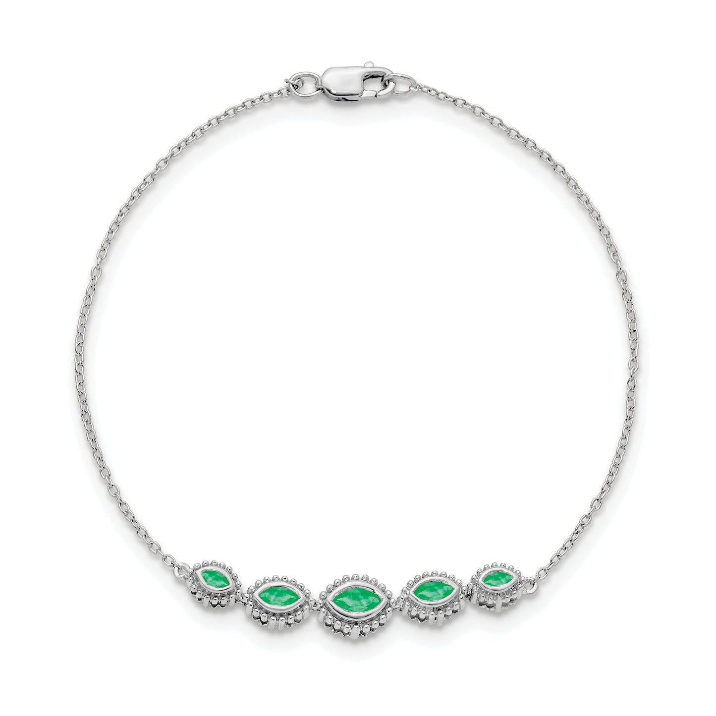 14k White Gold Complete 5-Stone Bezel-set Marquise Emerald and Chain 7 inch Bracelet