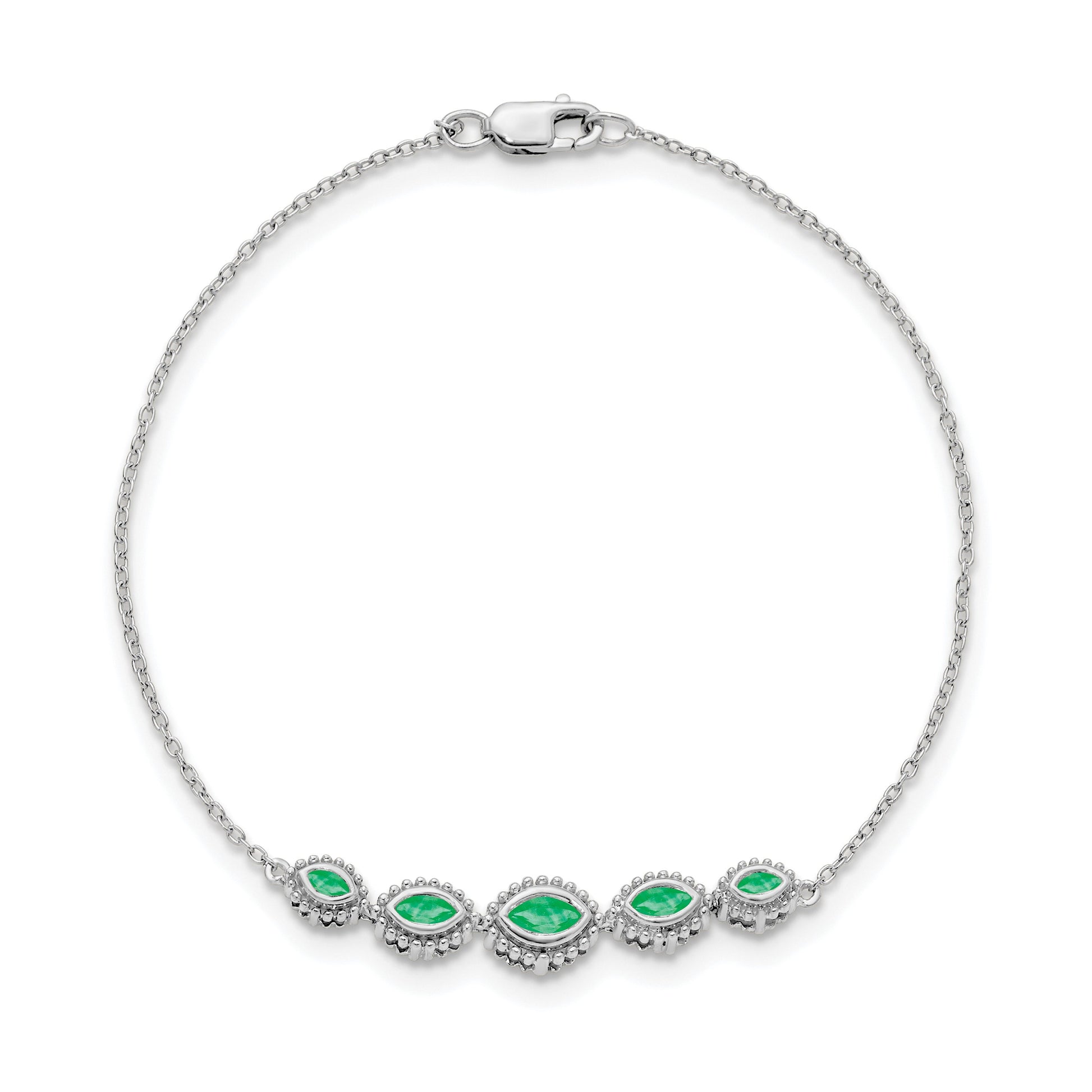 14k White Gold Complete 5-Stone Bezel-set Marquise Emerald and Chain 7 inch Bracelet