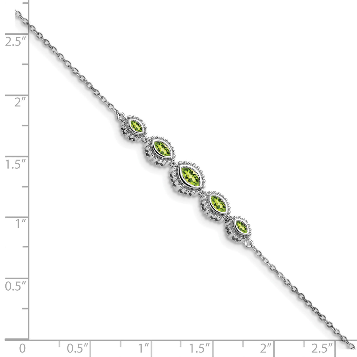 14k White Gold Complete 5-Stone Bezel-set Marquise Peridot and Chain 7 inch Bracelet