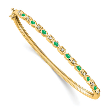 14k Complete Emerald and 1/10 carat Diamond Hinged Bangle Bracelet