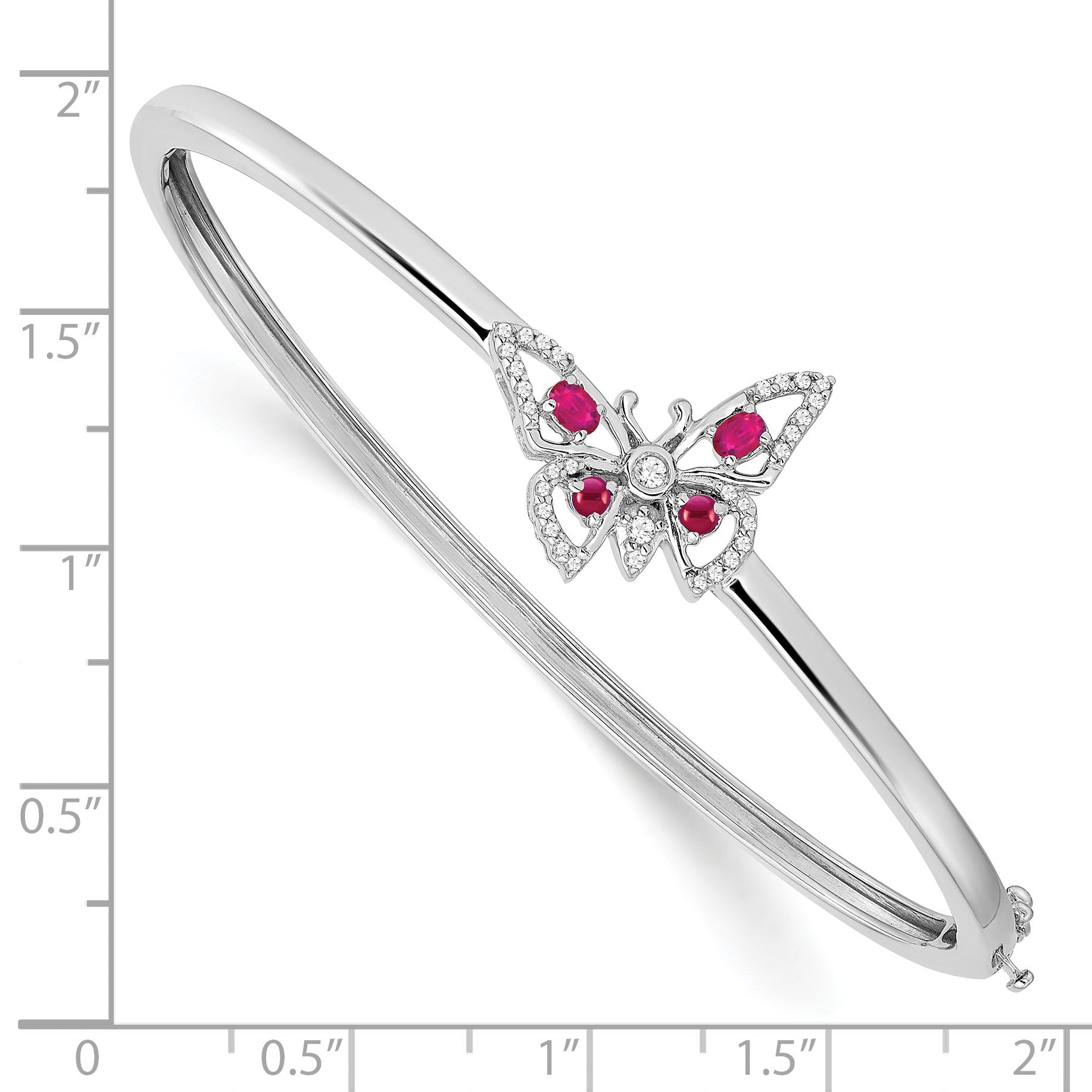 14k White Gold Complete Ruby and 1/6 carat Diamond Butterfly Hinged Bangle Bracelet