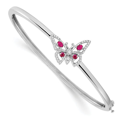 14k White Gold Complete Ruby and 1/6 carat Diamond Butterfly Hinged Bangle Bracelet