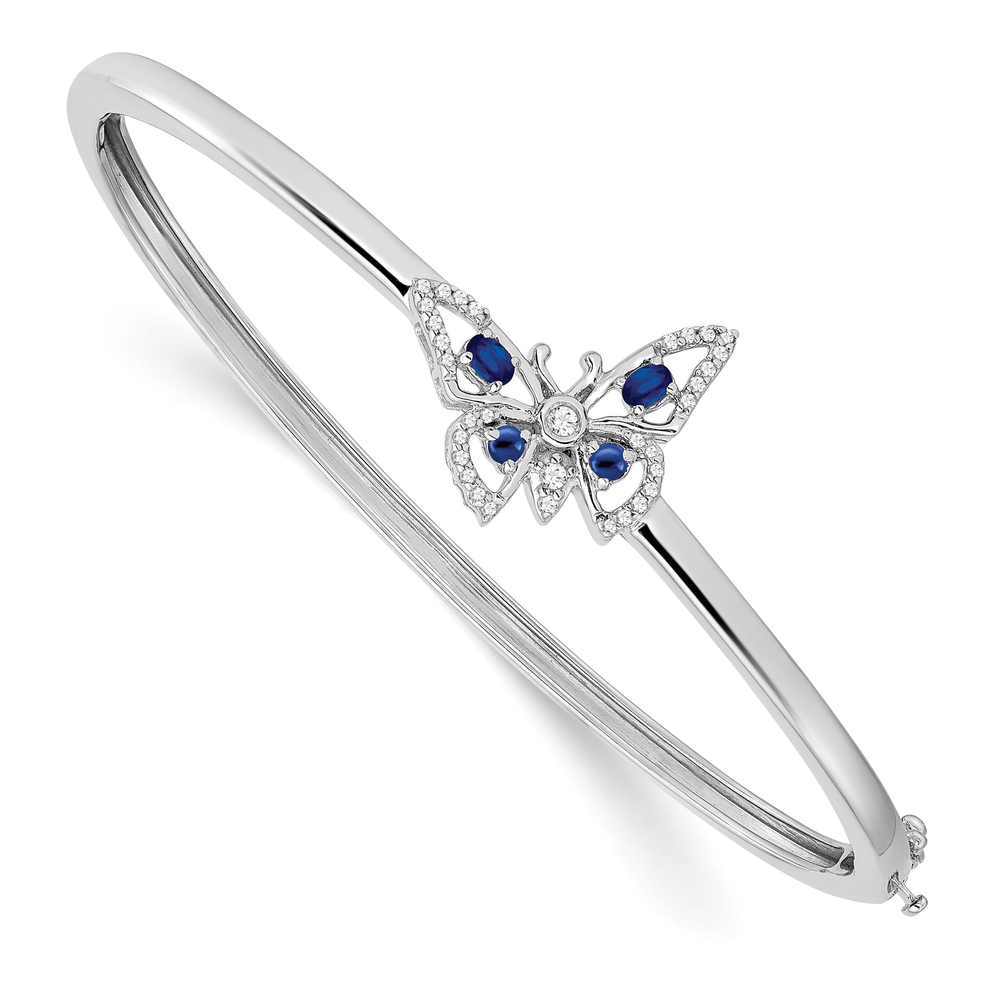 14k White Gold Complete Sapphire and 1/6 carat Diamond Butterfly Hinged Bangle Bracelet