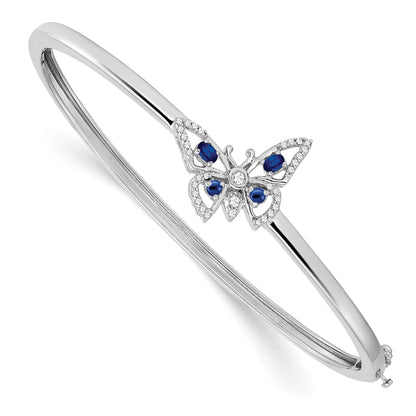 14k White Gold Complete Sapphire and 1/6 carat Diamond Butterfly Hinged Bangle Bracelet