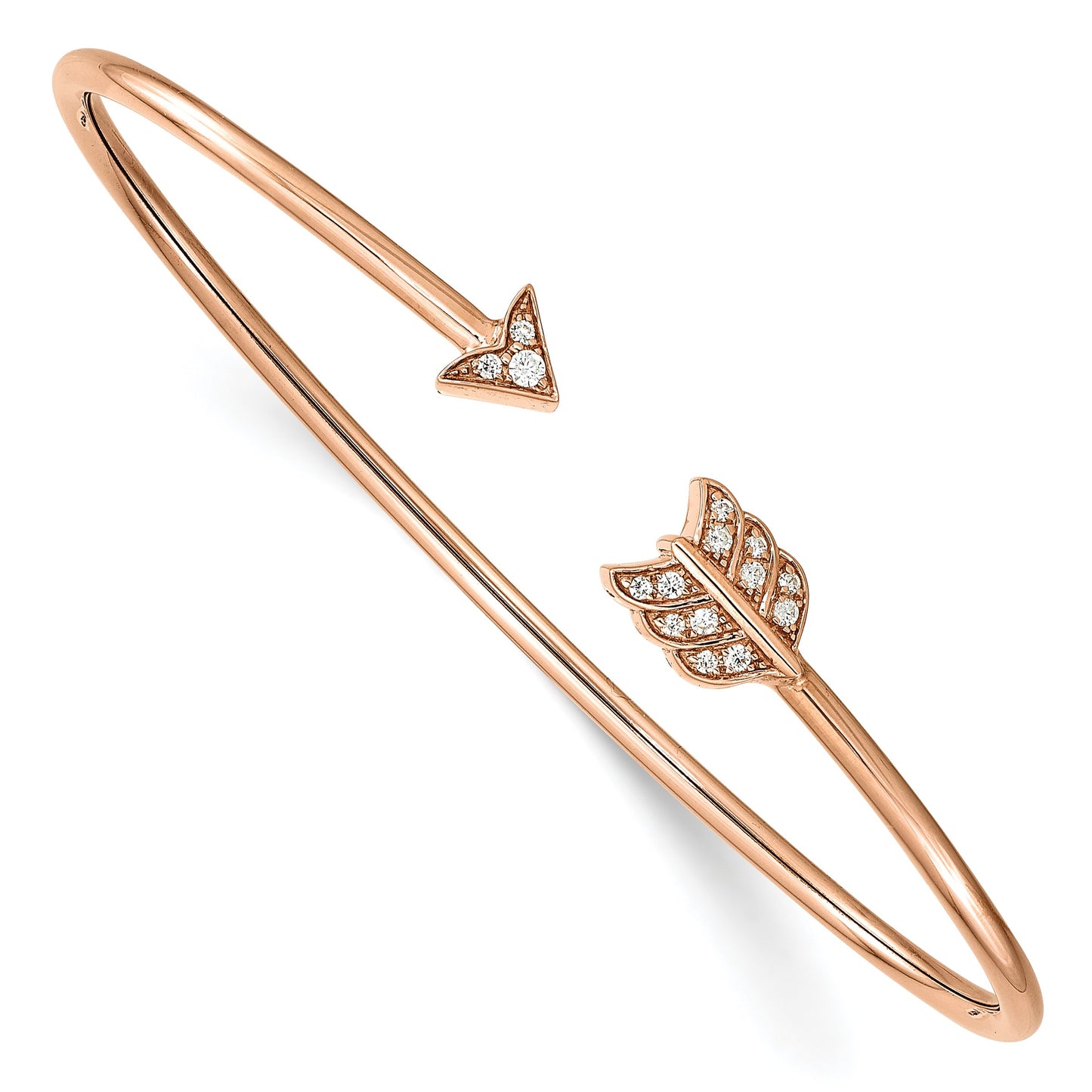 14k Rose Gold Polished Complete 1/10 carat Diamond Arrow Flexible Cuff Bangle Bracelet
