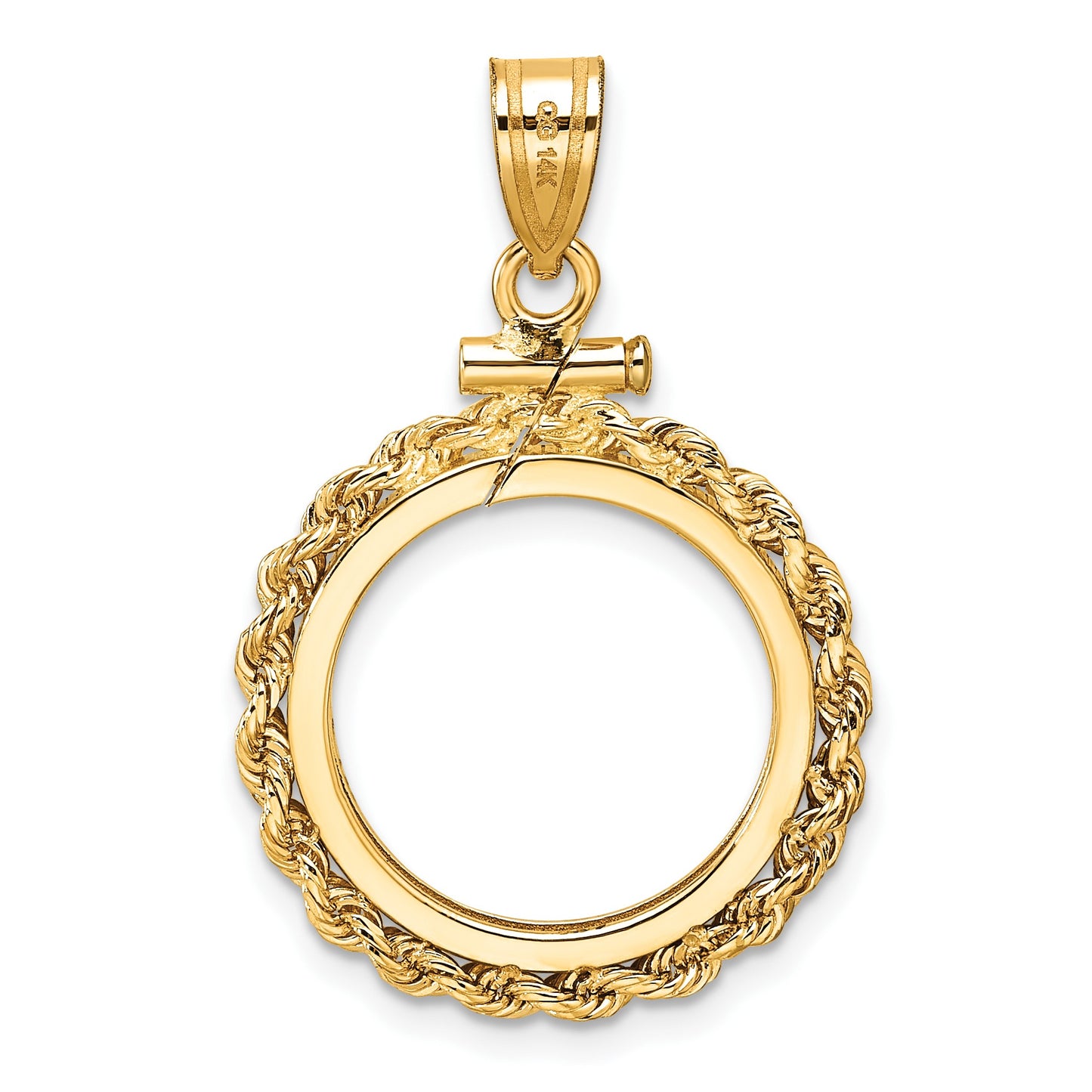 Wideband Distinguished Coin Jewelry 14k Polished Rope and Diamond-cut 16.5mm x 1.35mm Screw Top Coin Bezel Pendant