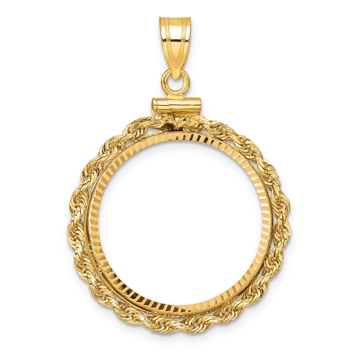 Wideband Distinguished Coin Jewelry 14k Polished Rope and Diamond-cut 22.0mm x 1.9mm Screw Top Coin Bezel Pendant
