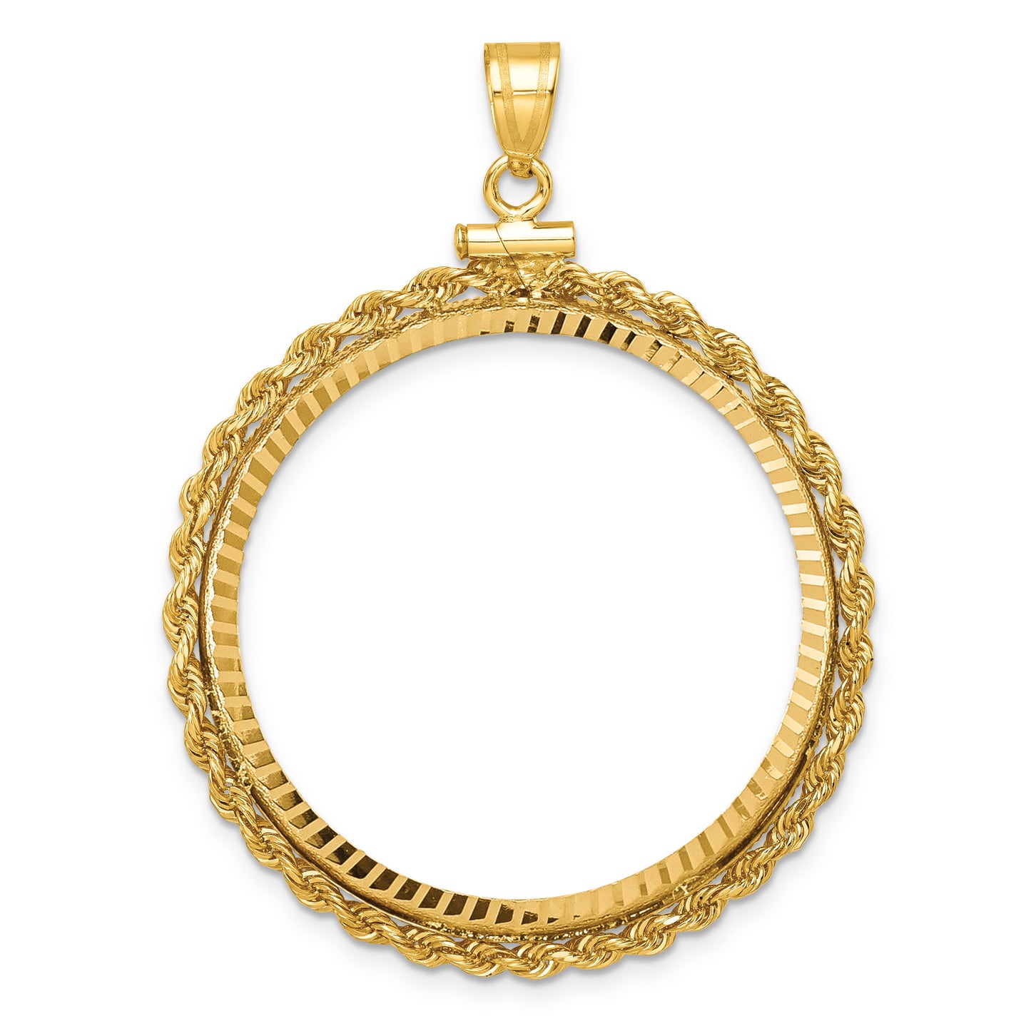 Wideband Distinguished Coin Jewelry 14k Polished Rope and Diamond-cut 32.0mm x 2.85mm Screw Top Coin Bezel Pendant