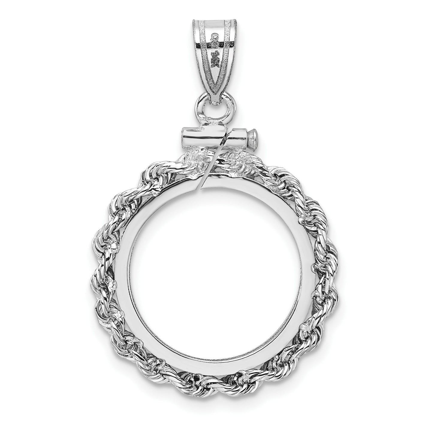 Wideband Distinguished Coin Jewelry 14k White Gold Polished Rope 16.5mm x 1.35mm Screw Top Coin Bezel Pendant