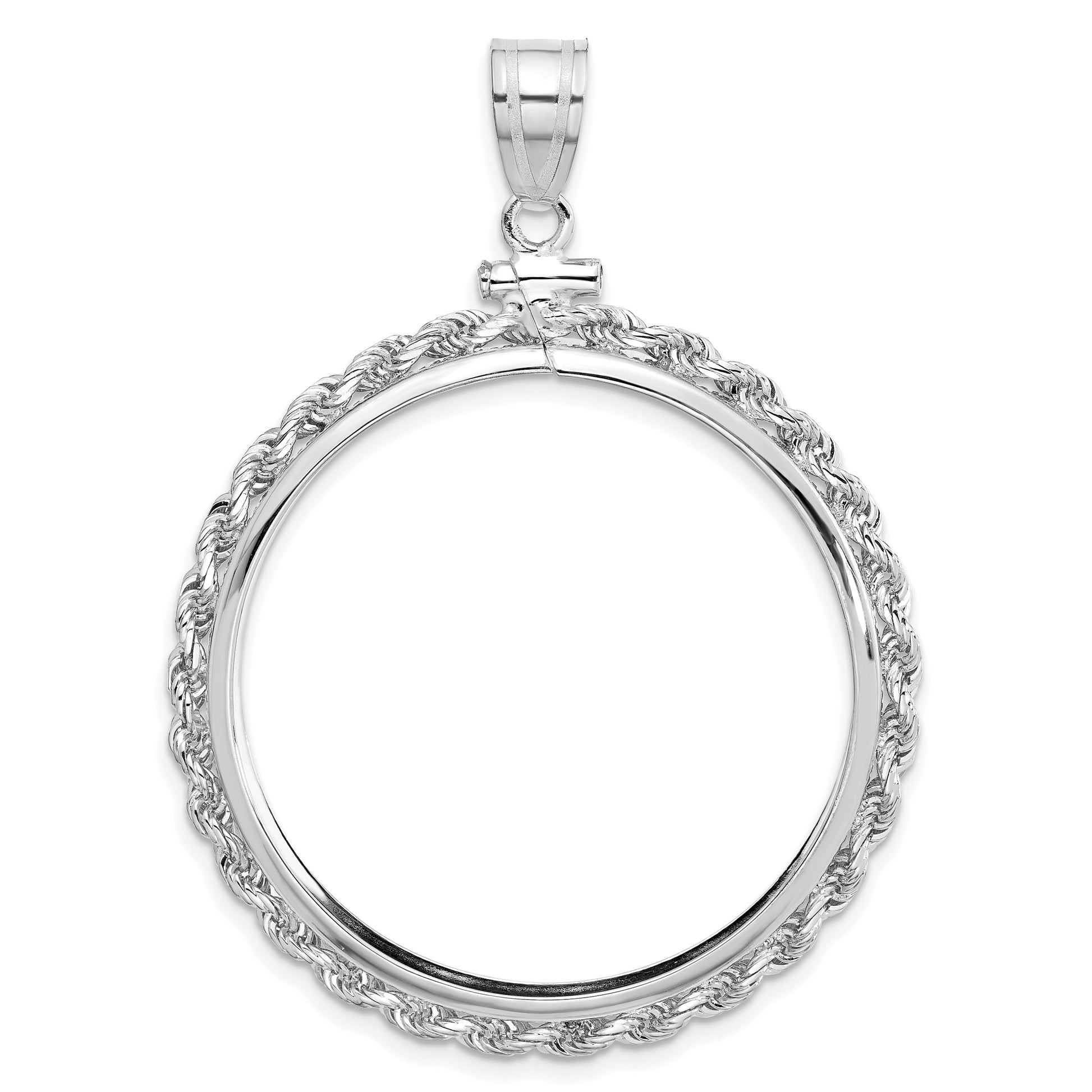 Wideband Distinguished Coin Jewelry 14k White Gold Polished Rope 32.7mm x 3.00mm Screw Top Coin Bezel Pendant