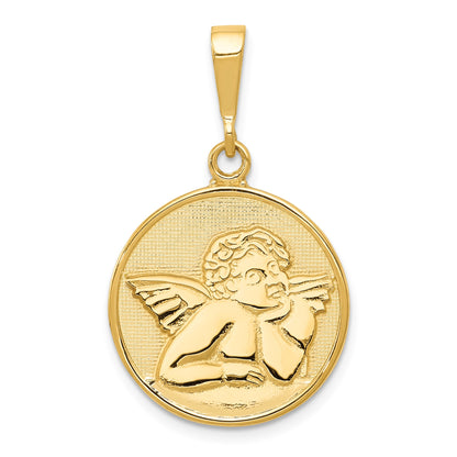14K Polished and Satin Angel Round Pendant