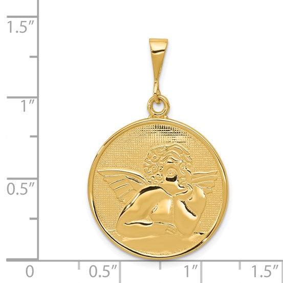14K Polished and Satin Angel Round Pendant