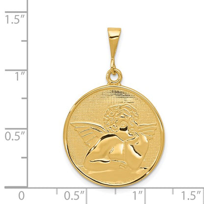 14K Polished and Satin Angel Round Pendant