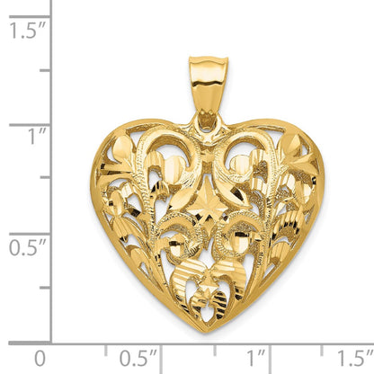 14K Polished Diamond-cut Filigree 3-D Heart Pendant