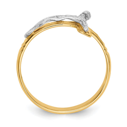 14K Two-Tone Mens Polished Diamond-Cut Crucifix Ring