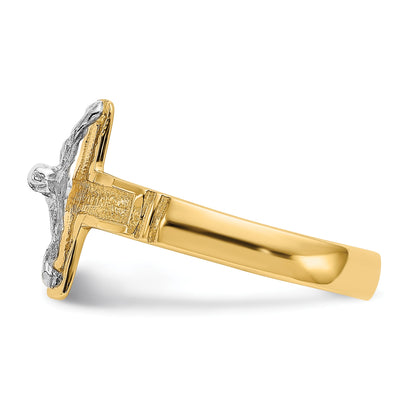 14K Two-Tone Mens Polished Diamond-Cut Crucifix Ring