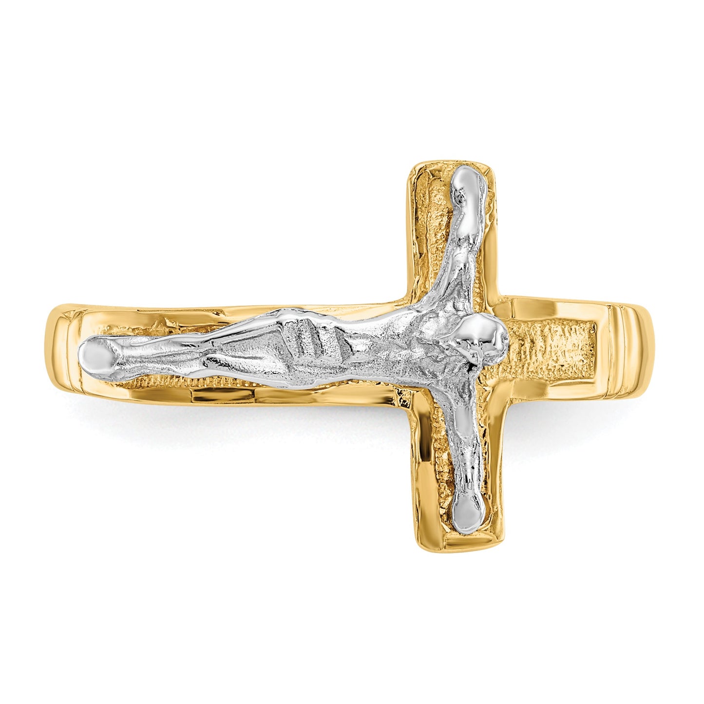 14K Two-Tone Mens Polished Diamond-Cut Crucifix Ring