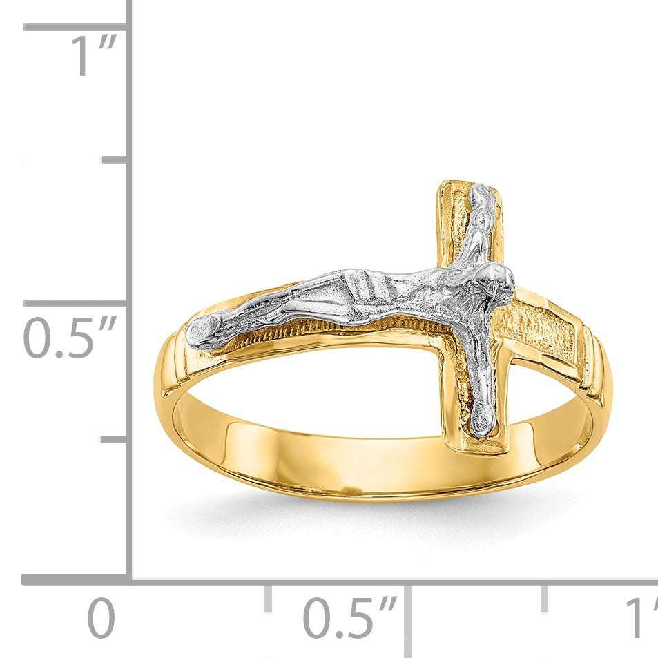 14K Two-Tone Mens Polished Diamond-Cut Crucifix Ring