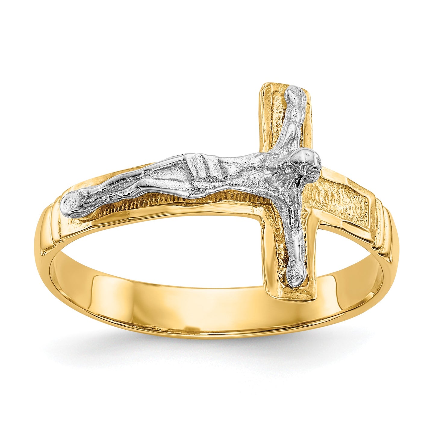 14K Two-Tone Mens Polished Diamond-Cut Crucifix Ring