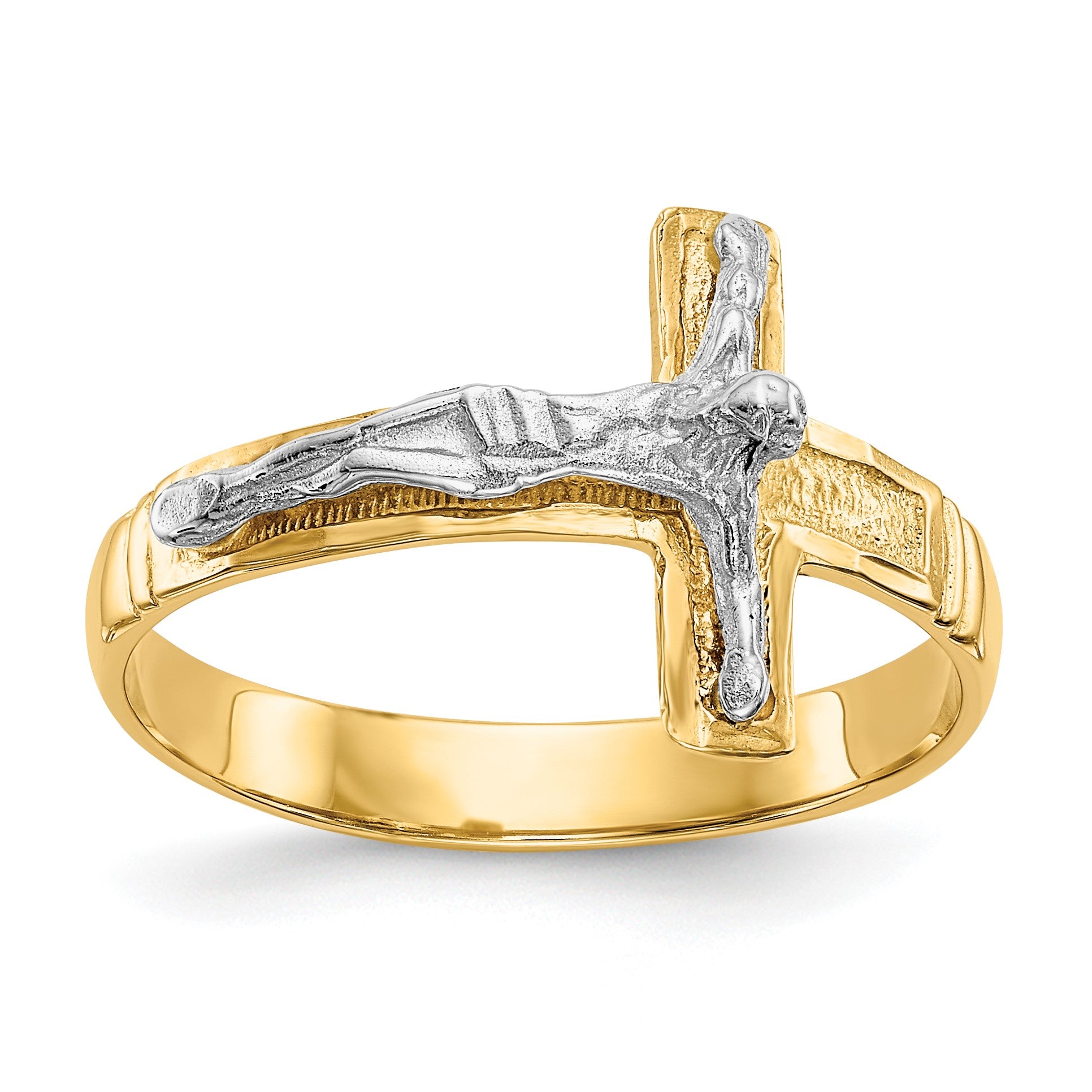 14K Two-Tone Mens Polished Diamond-Cut Crucifix Ring