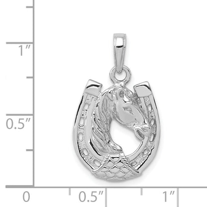 14k White Gold Solid Polished Horse Head in Horseshoe Pendant
