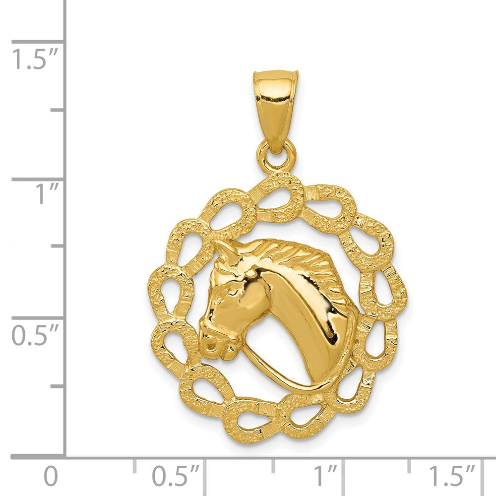 14k Solid Polished Horse Head in Horseshoes Pendant