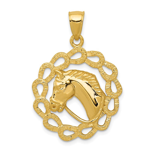 14k Solid Polished Horse Head in Horseshoes Pendant