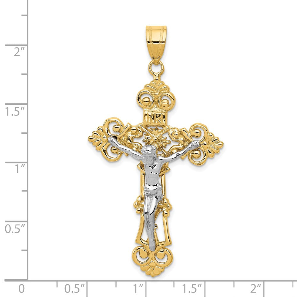 14k Two-tone INRI Fleur De Lis Crucifix Pendant