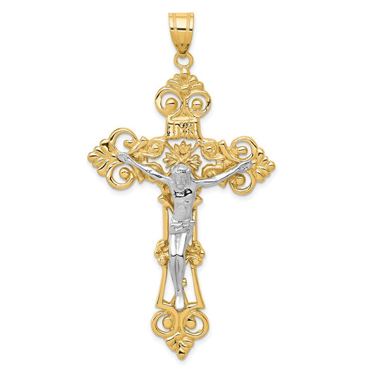 14k Two-tone INRI Fleur De Lis Crucifix Pendant