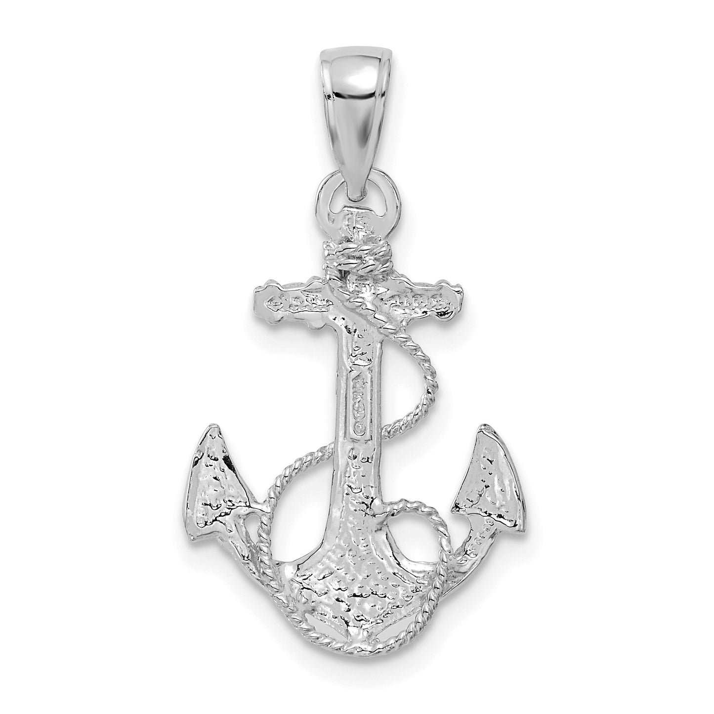 14K White Gold Solid Polished Anchor with Rope Pendant