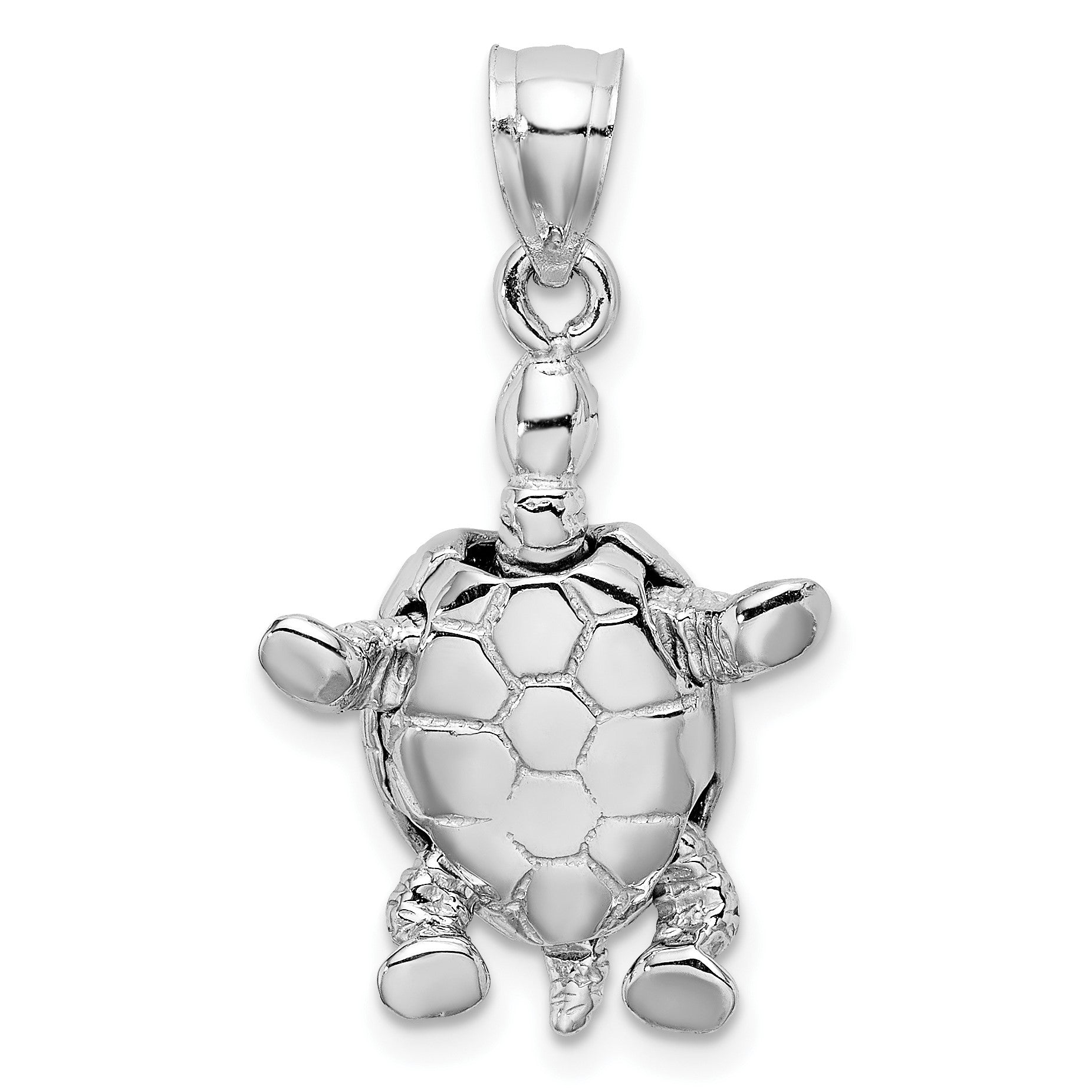 14K White Gold Solid Polished 3-D Turtle with Moveable Head and Legs Pendant