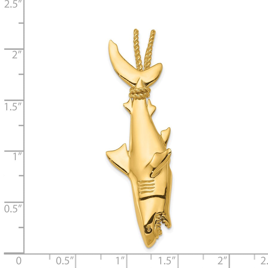 14K Hollow Polished 3-D Hanging Shark and Rope Pendant