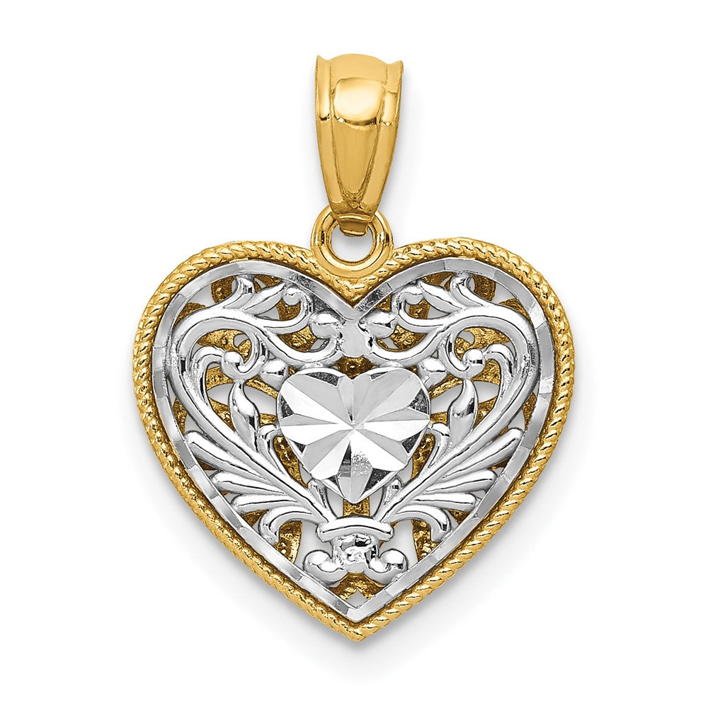 14K Two-tone Polished Diamond-cut Reversible Heart Pendant