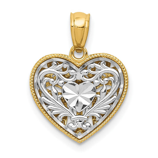 14K Two-tone Polished Diamond-cut Reversible Heart Pendant