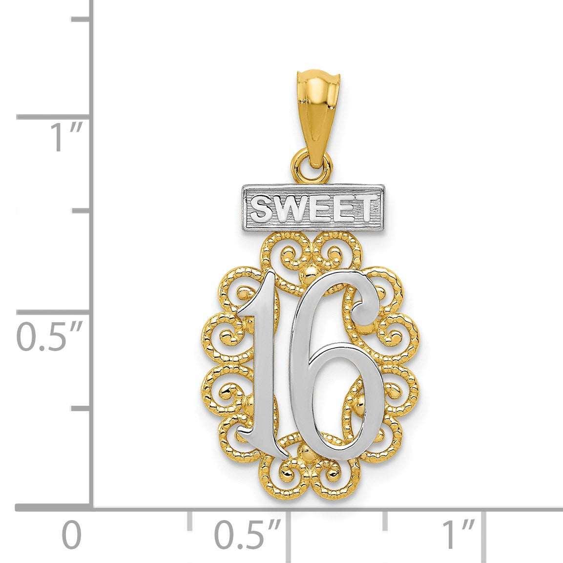 14k with White Rhodium Filigree SWEET 16 Pendant