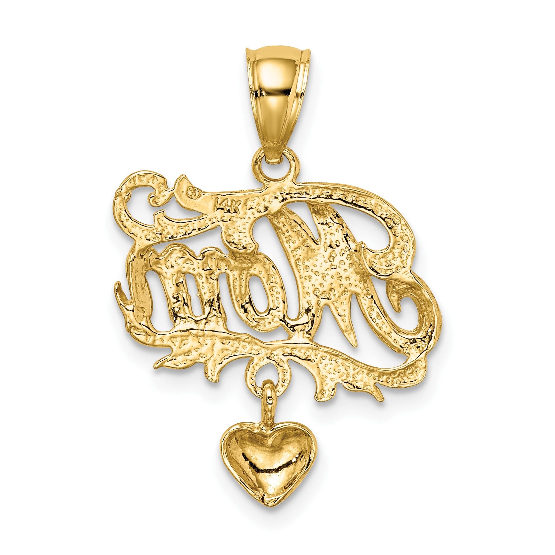 14k MOM with Dangling Heart Charm