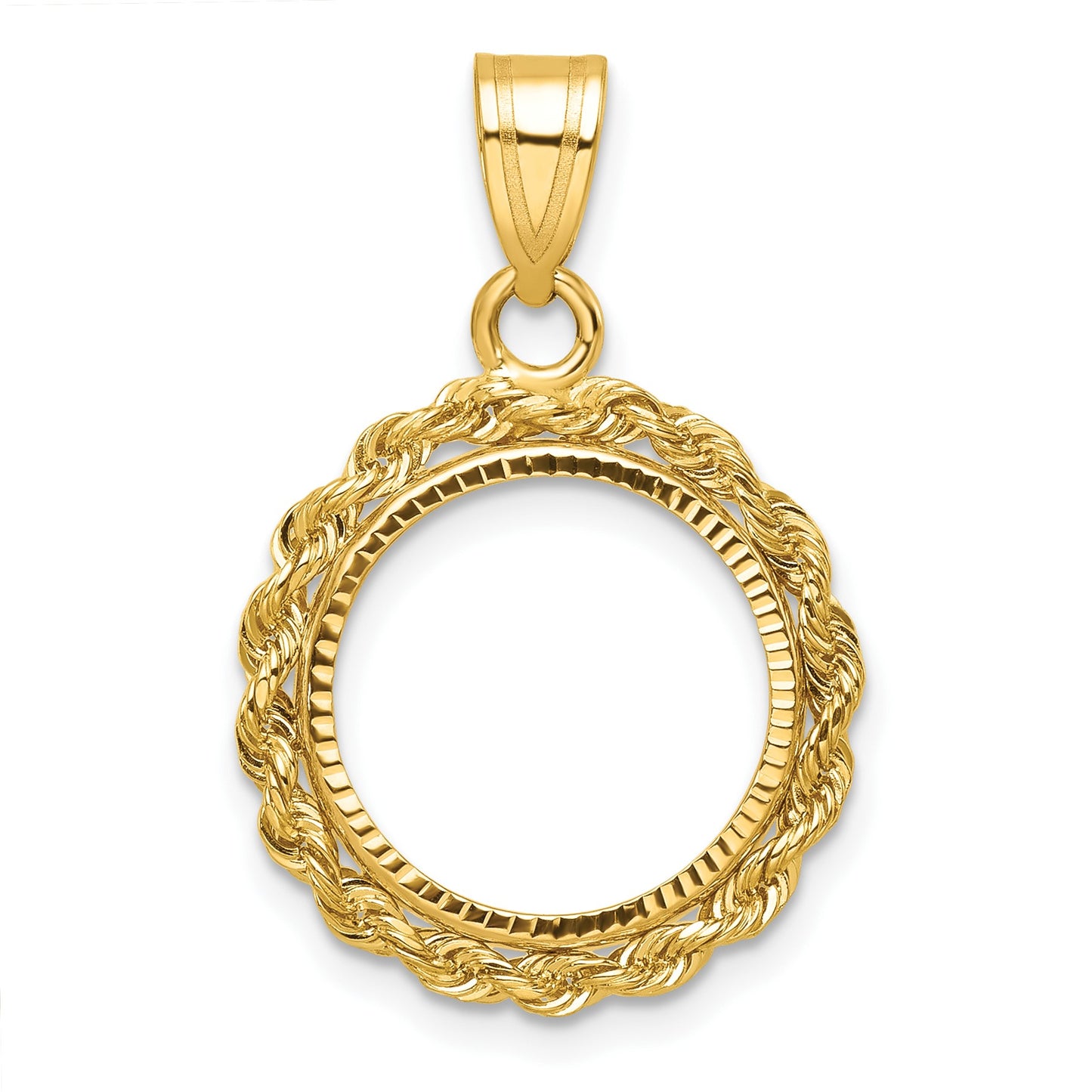 Wideband Distinguished Coin Jewelry 14k Diamond-cut with Rope 14.0mm Prong Coin Bezel Pendant
