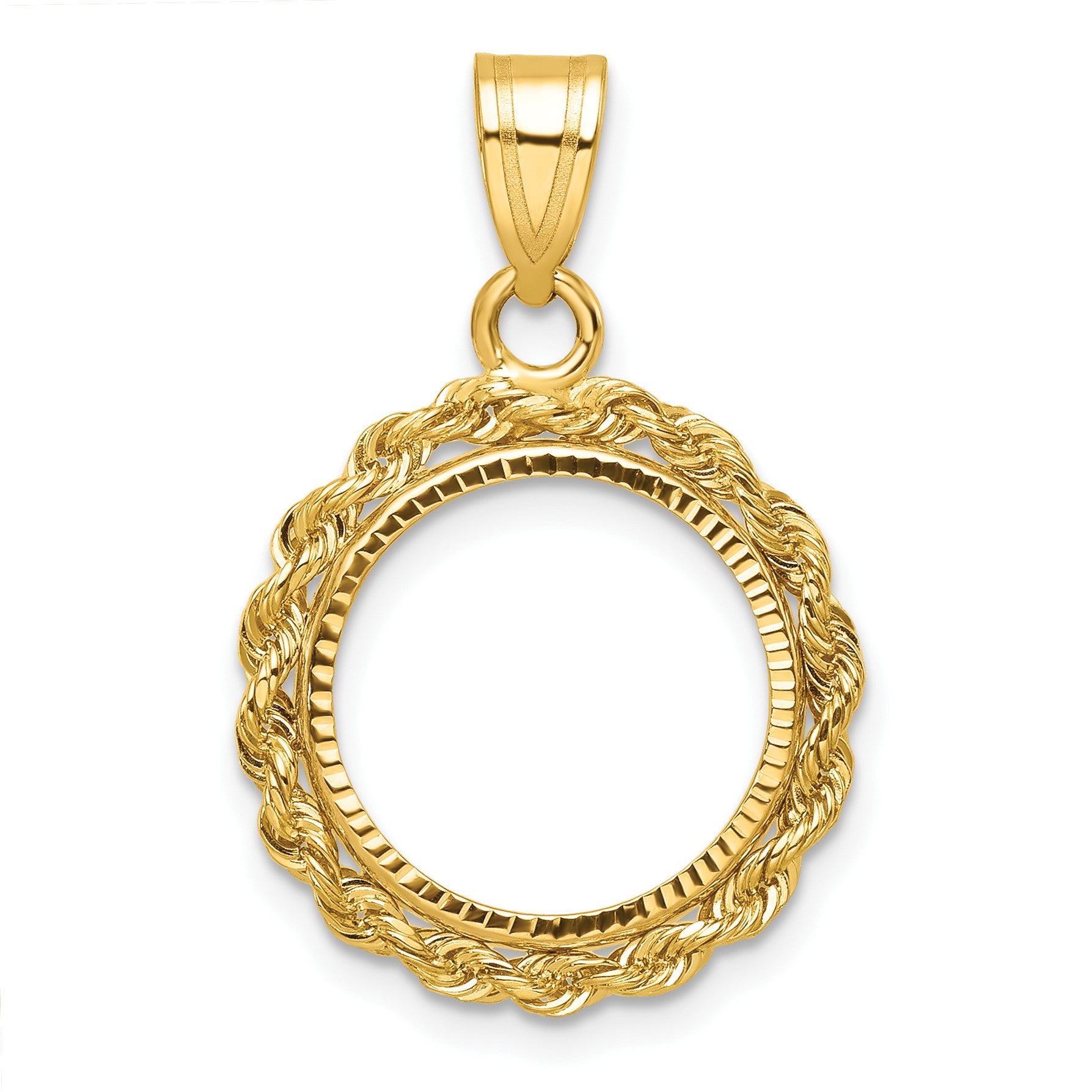 Wideband Distinguished Coin Jewelry 14k Diamond-cut with Rope 14.0mm Prong Coin Bezel Pendant