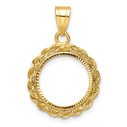 Wideband Distinguished Coin Jewelry 14k Diamond-cut with Rope 14.0mm Prong Coin Bezel Pendant
