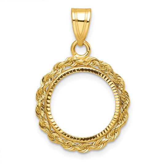 Wideband Distinguished Coin Jewelry 14k Diamond-cut with Rope 14.0mm Prong Coin Bezel Pendant