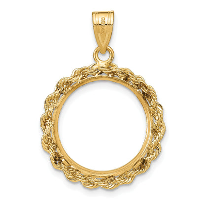 Wideband Distinguished Coin Jewelry 14k Diamond-cut with Rope 16.5mm Prong Coin Bezel Pendant