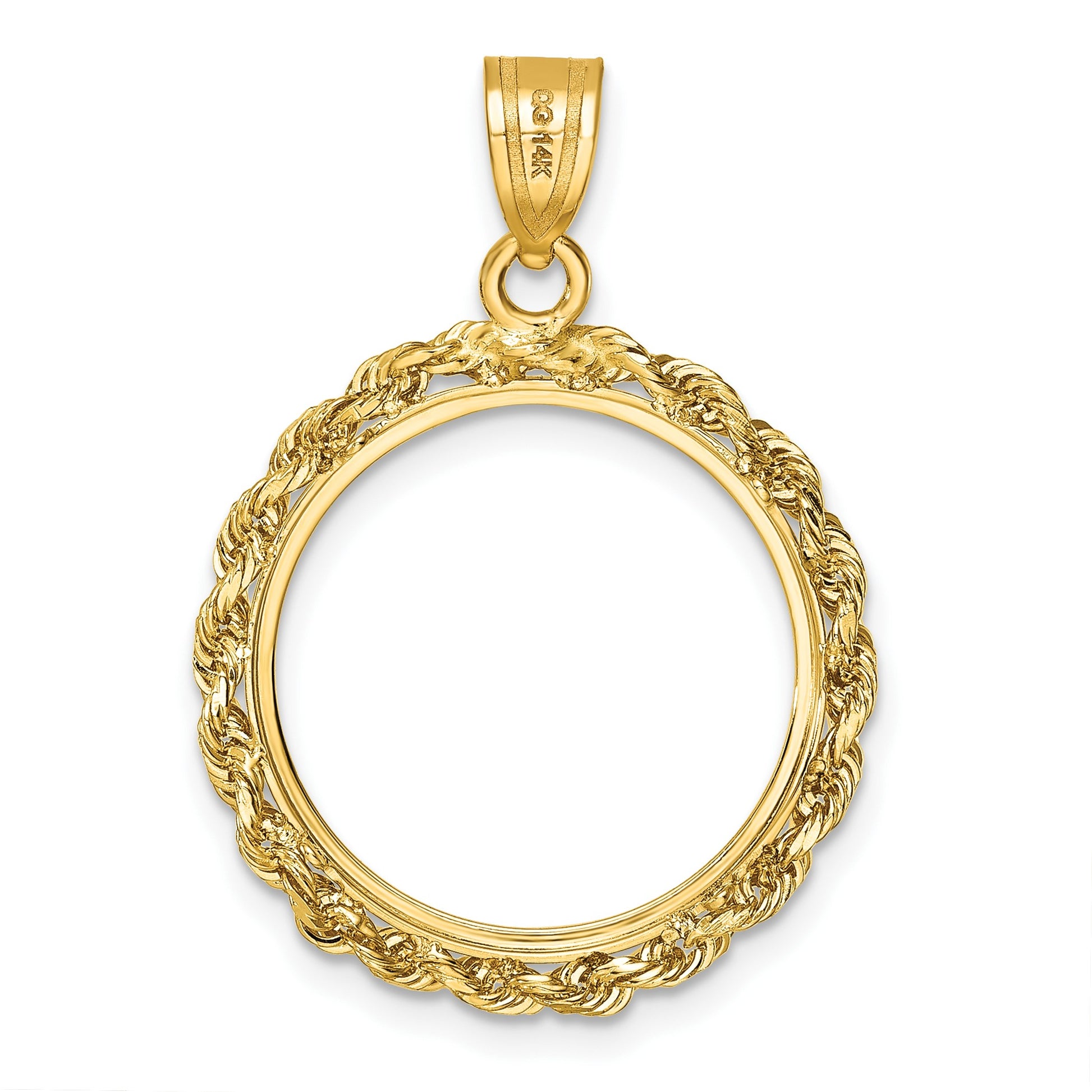 Wideband Distinguished Coin Jewelry 14k Diamond-cut with Rope 18.0mm Prong Coin Bezel Pendant