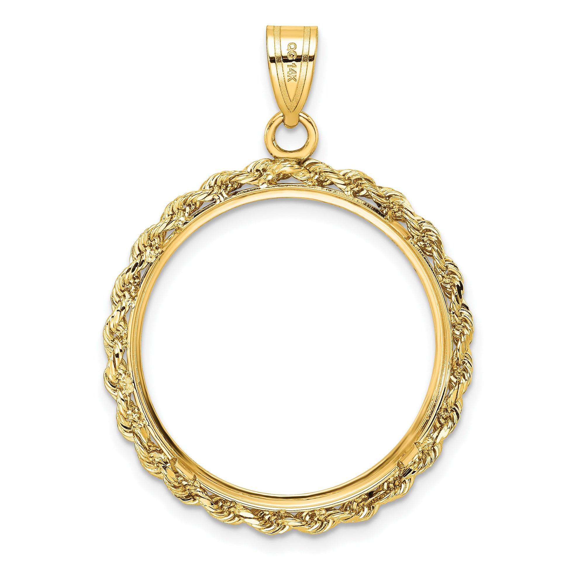 Wideband Distinguished Coin Jewelry 14k Diamond-cut with Rope 27.0mm Prong Coin Bezel Pendant