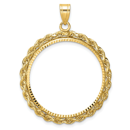 Wideband Distinguished Coin Jewelry 14k Diamond-cut with Rope 27.0mm Prong Coin Bezel Pendant