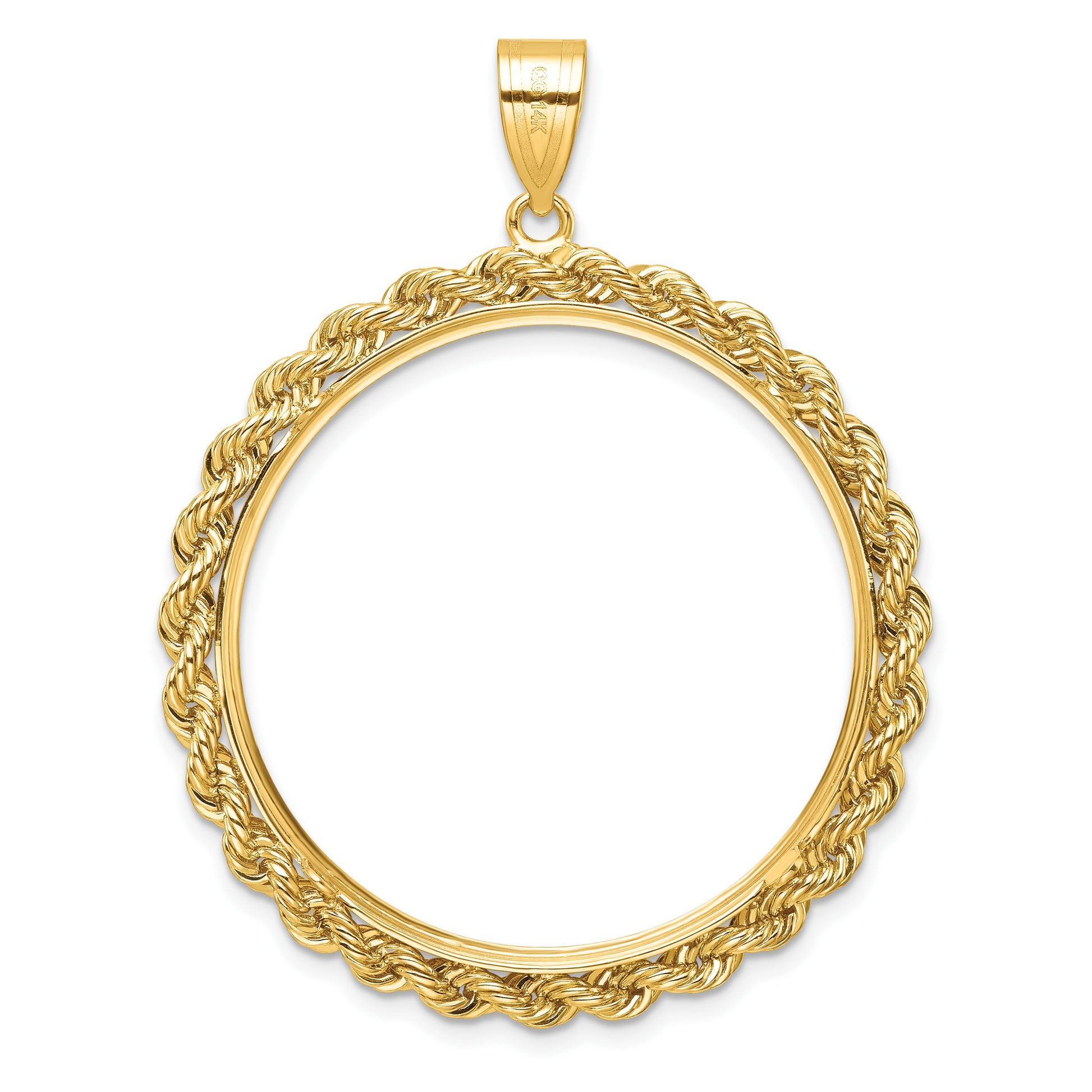 Wideband Distinguished Coin Jewelry 14k Diamond-cut with Rope 32.7mm Prong Coin Bezel Pendant