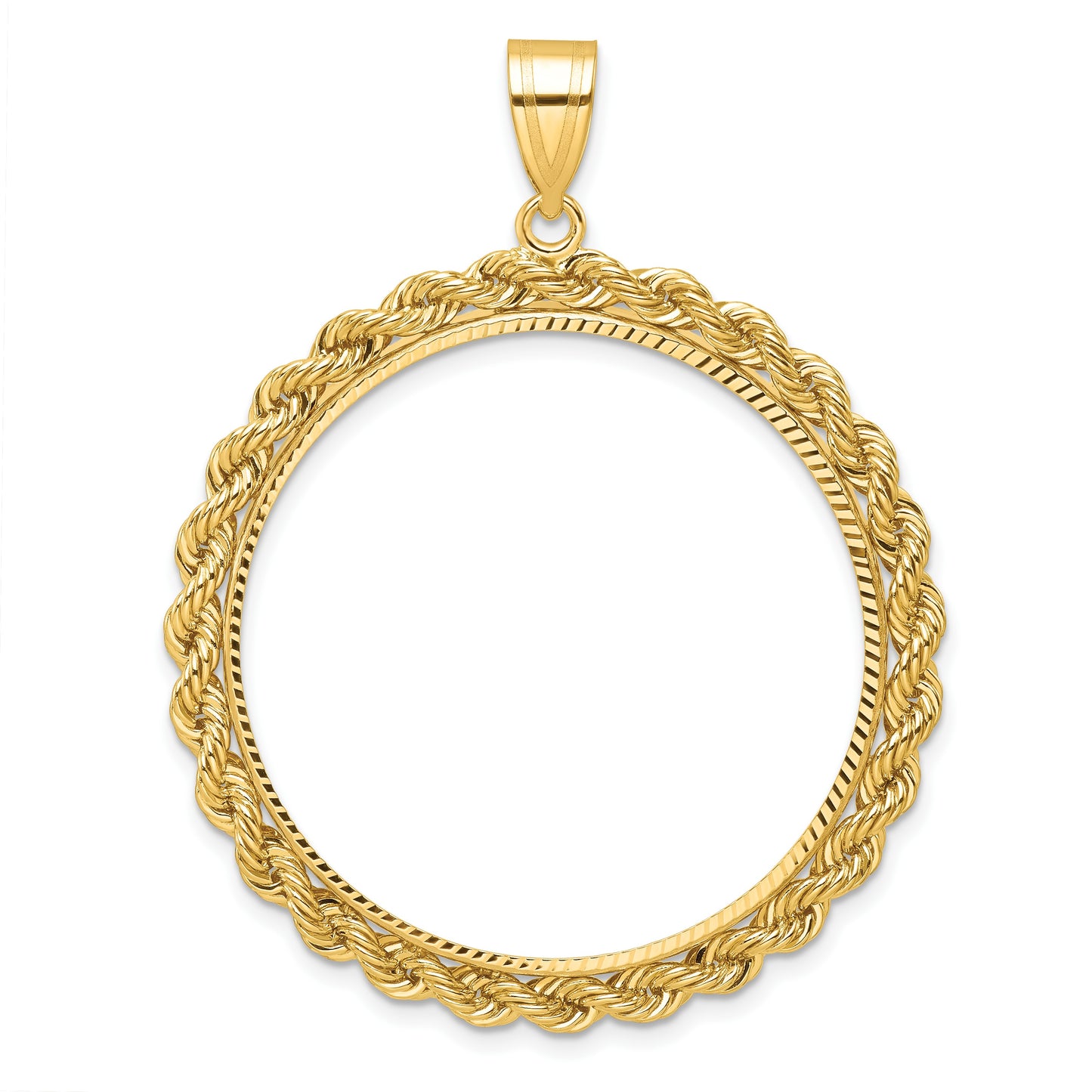Wideband Distinguished Coin Jewelry 14k Diamond-cut with Rope 32.7mm Prong Coin Bezel Pendant