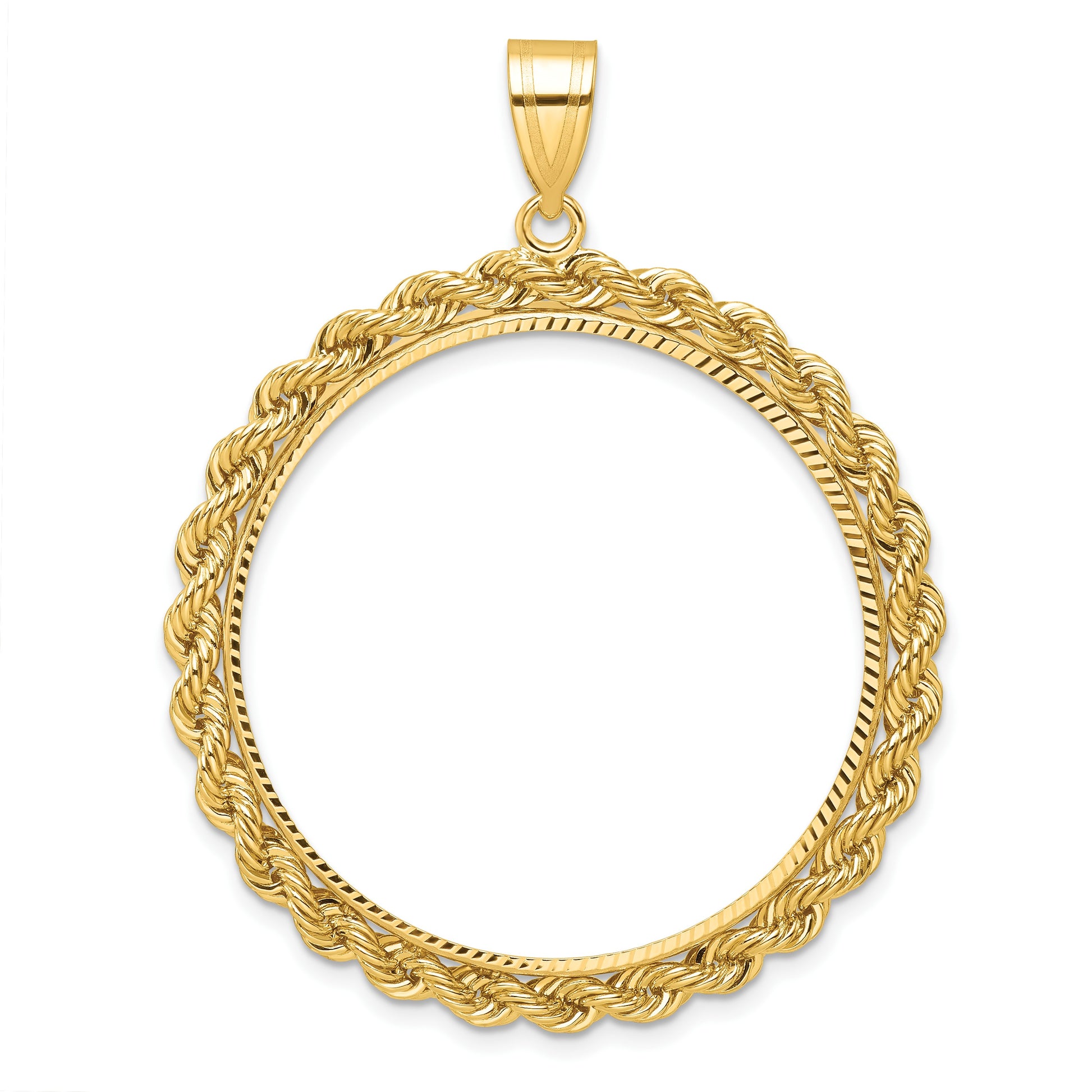 Wideband Distinguished Coin Jewelry 14k Diamond-cut with Rope 32.7mm Prong Coin Bezel Pendant