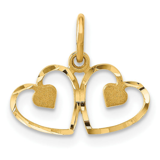 14k Satin And Diamond-cut Two Hearts Charm