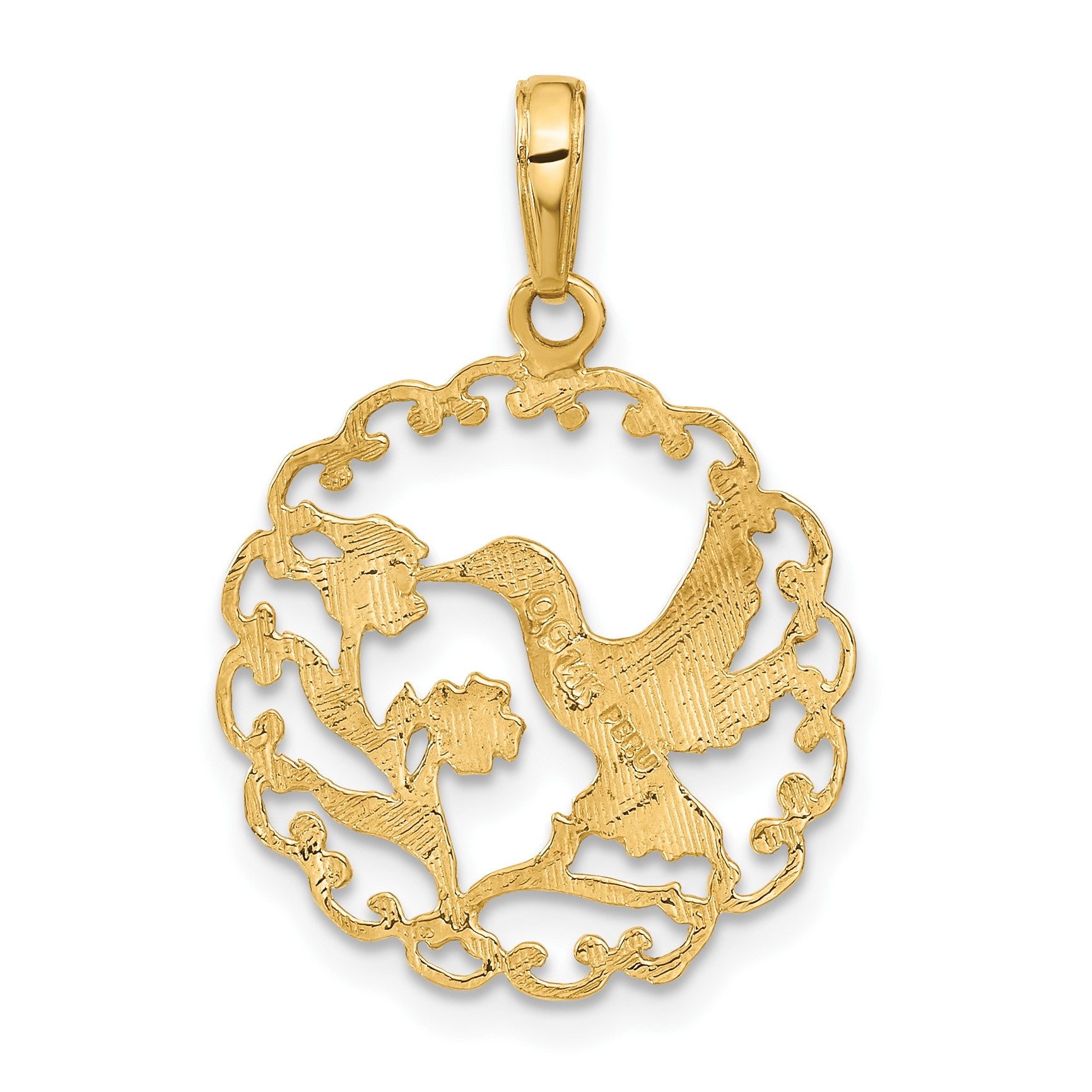 14k Hummingbird with Flower Round Scalloped Frame Pendant
